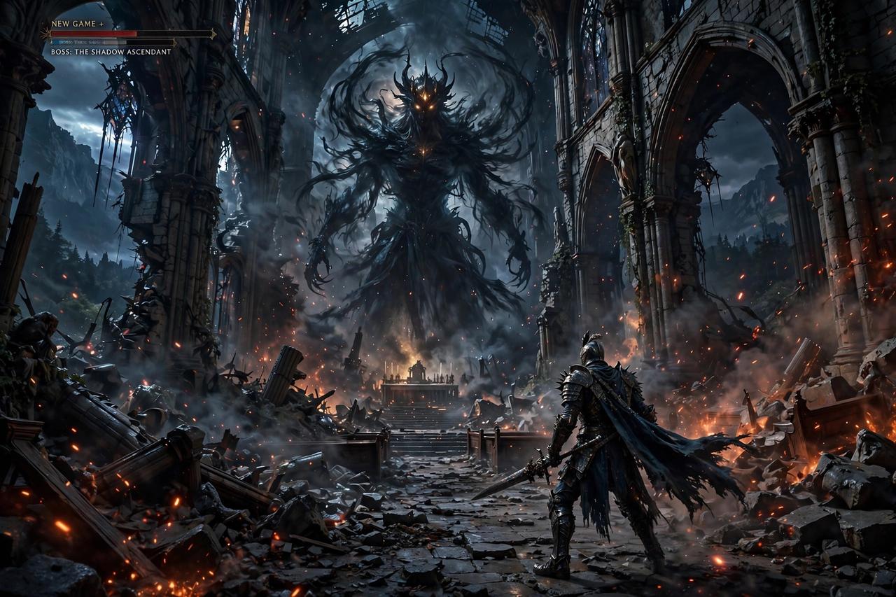 Boss fight scene in a dark fantasy action game on New Game Plus
