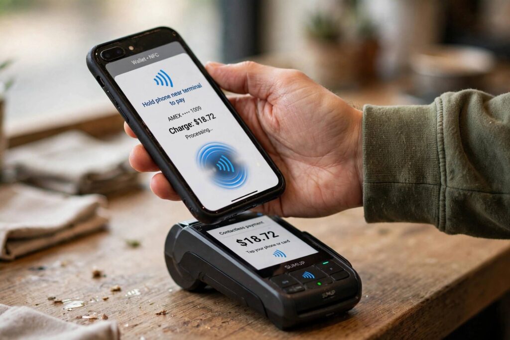Hand holding a smartphone near a payment terminal to demonstrate NFC tap-to-pay