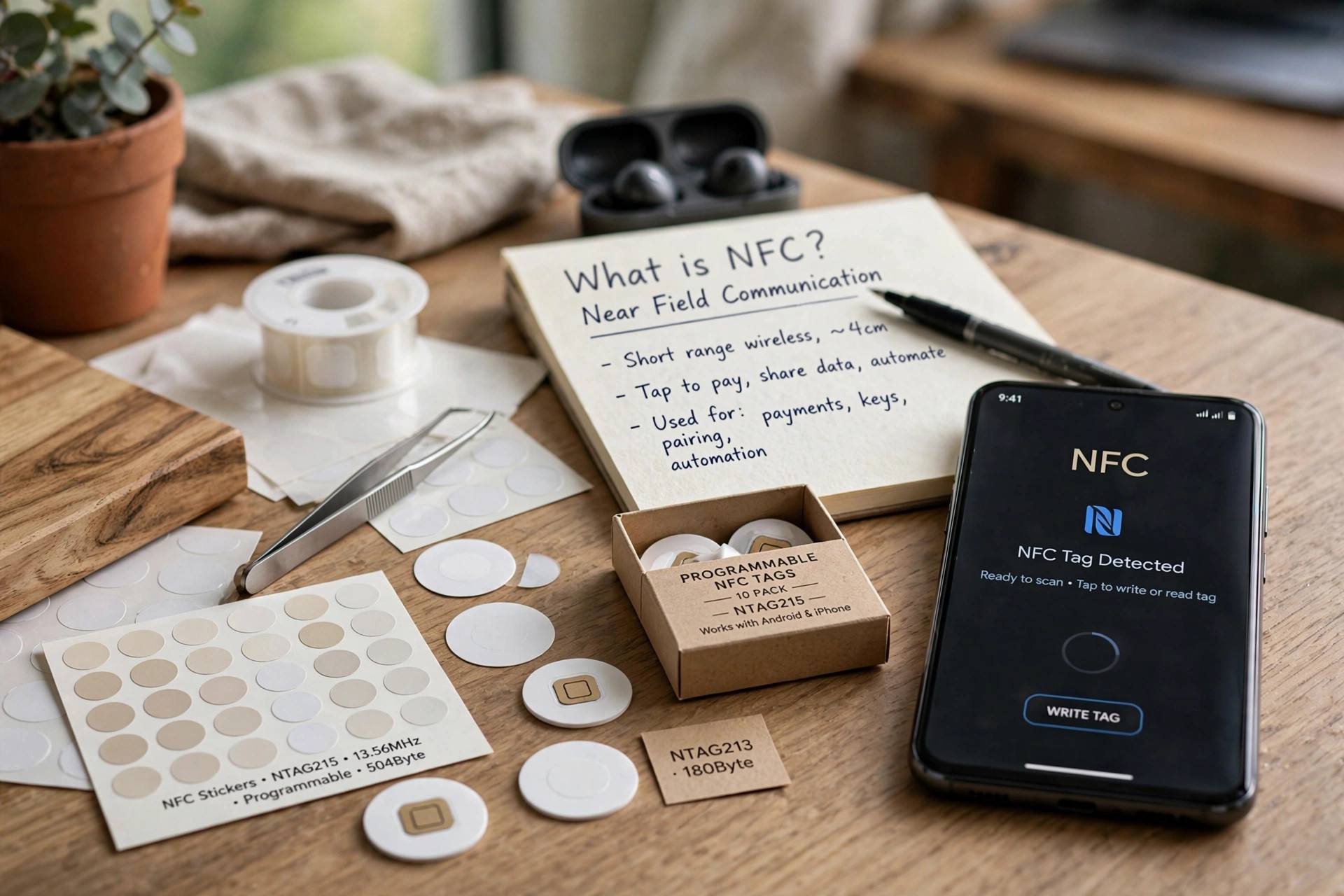 Programmable NFC stickers and tags on a desk next to a smartphone