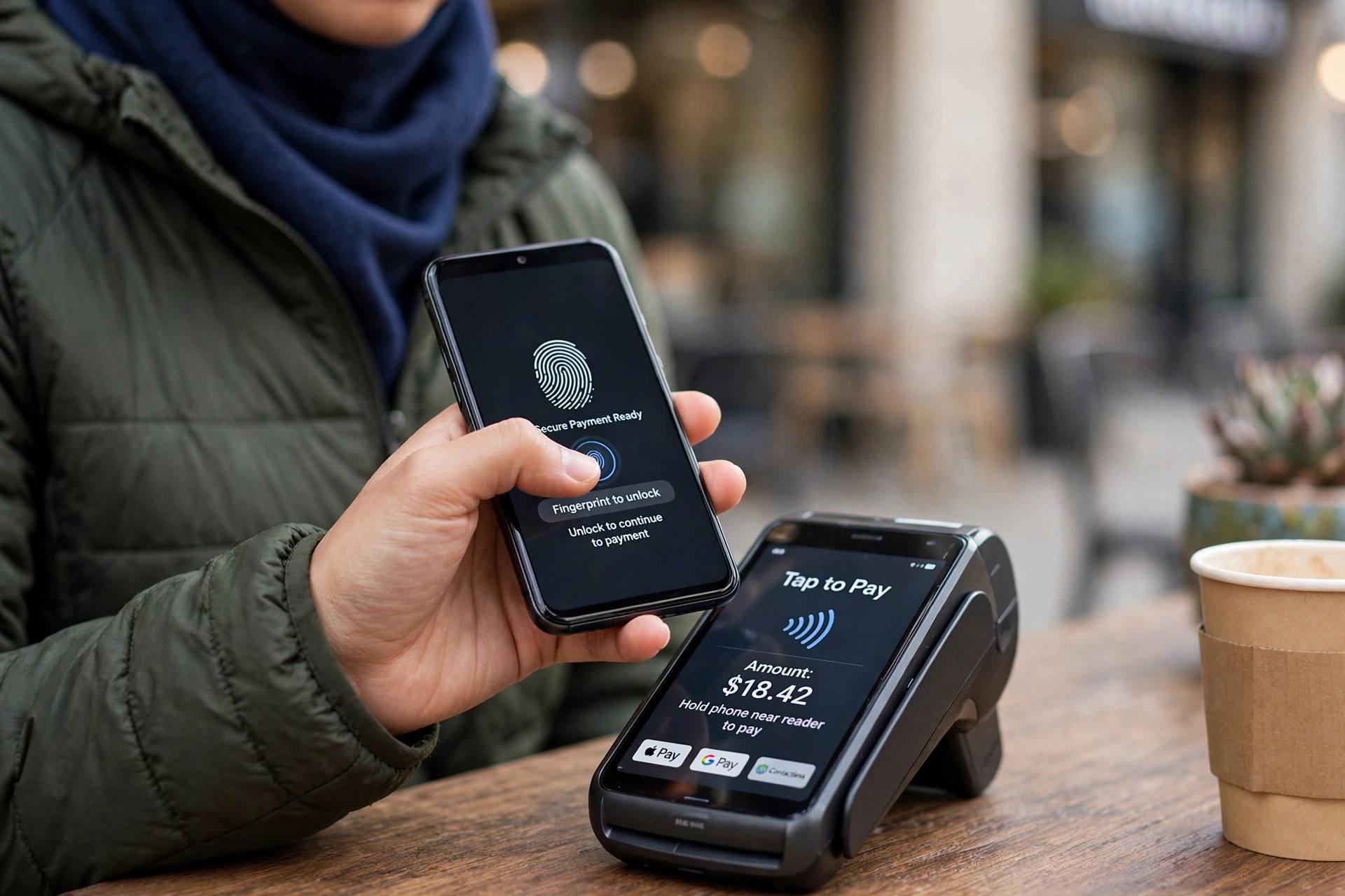 Person using fingerprint unlock on a smartphone before making a contactless NFC payment