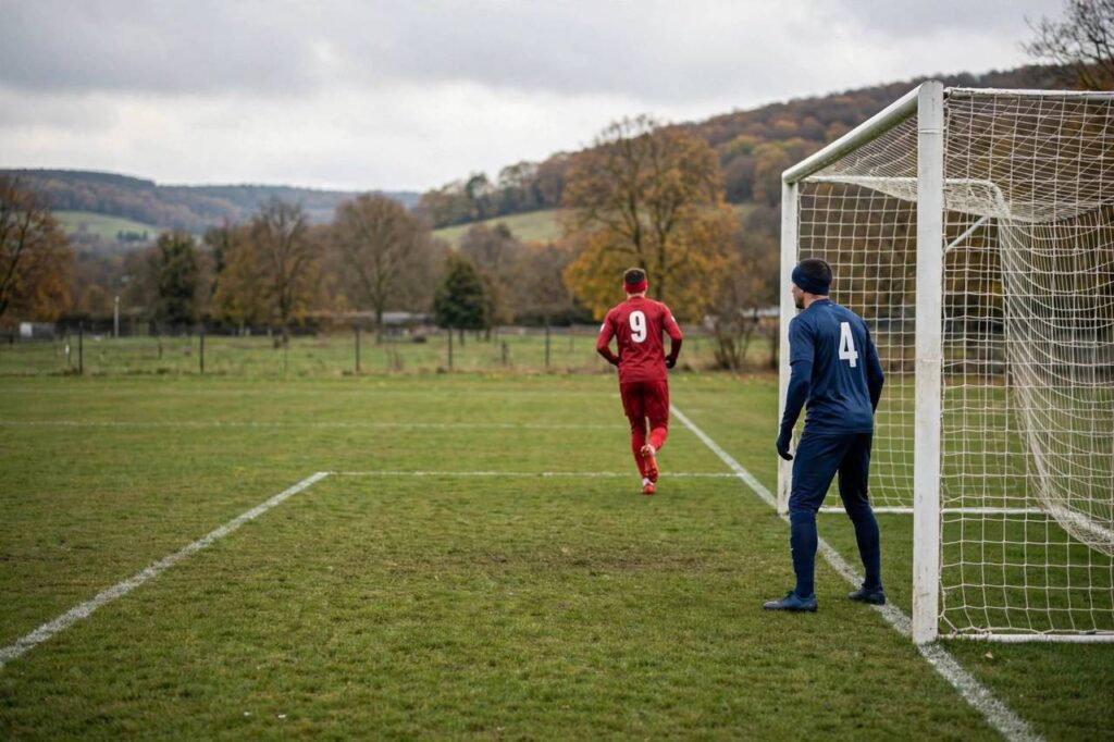Soccer striker in offside position beyond the last defender near goal