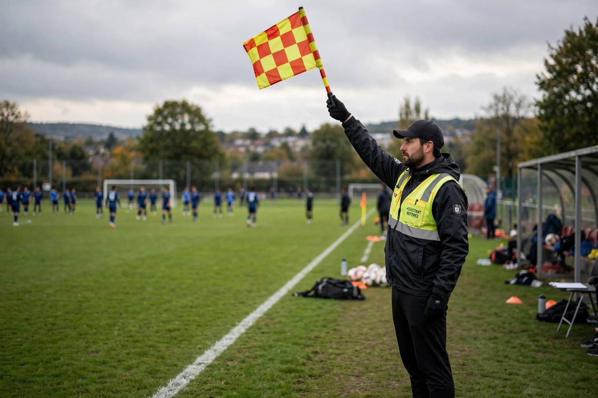 Assistant referee raising flag for offside on soccer sideline