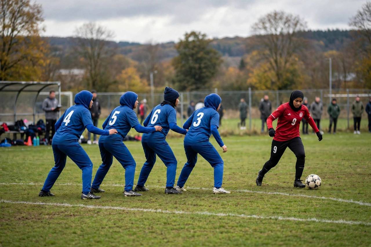 Soccer players contesting ball with defensive line holding shape
