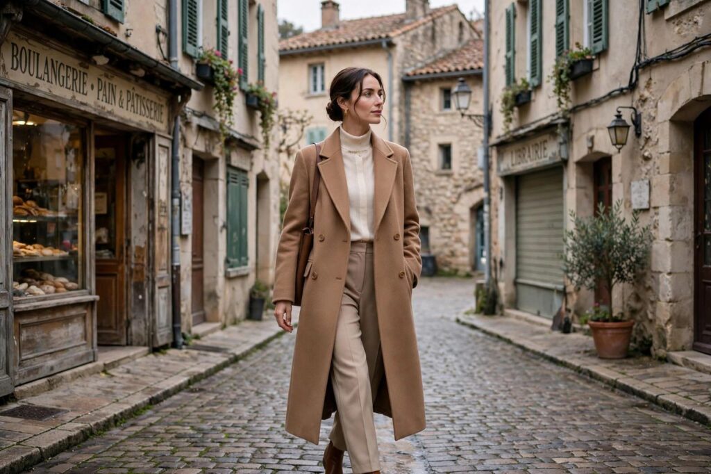 Elegant woman in a camel coat walking through a European old town