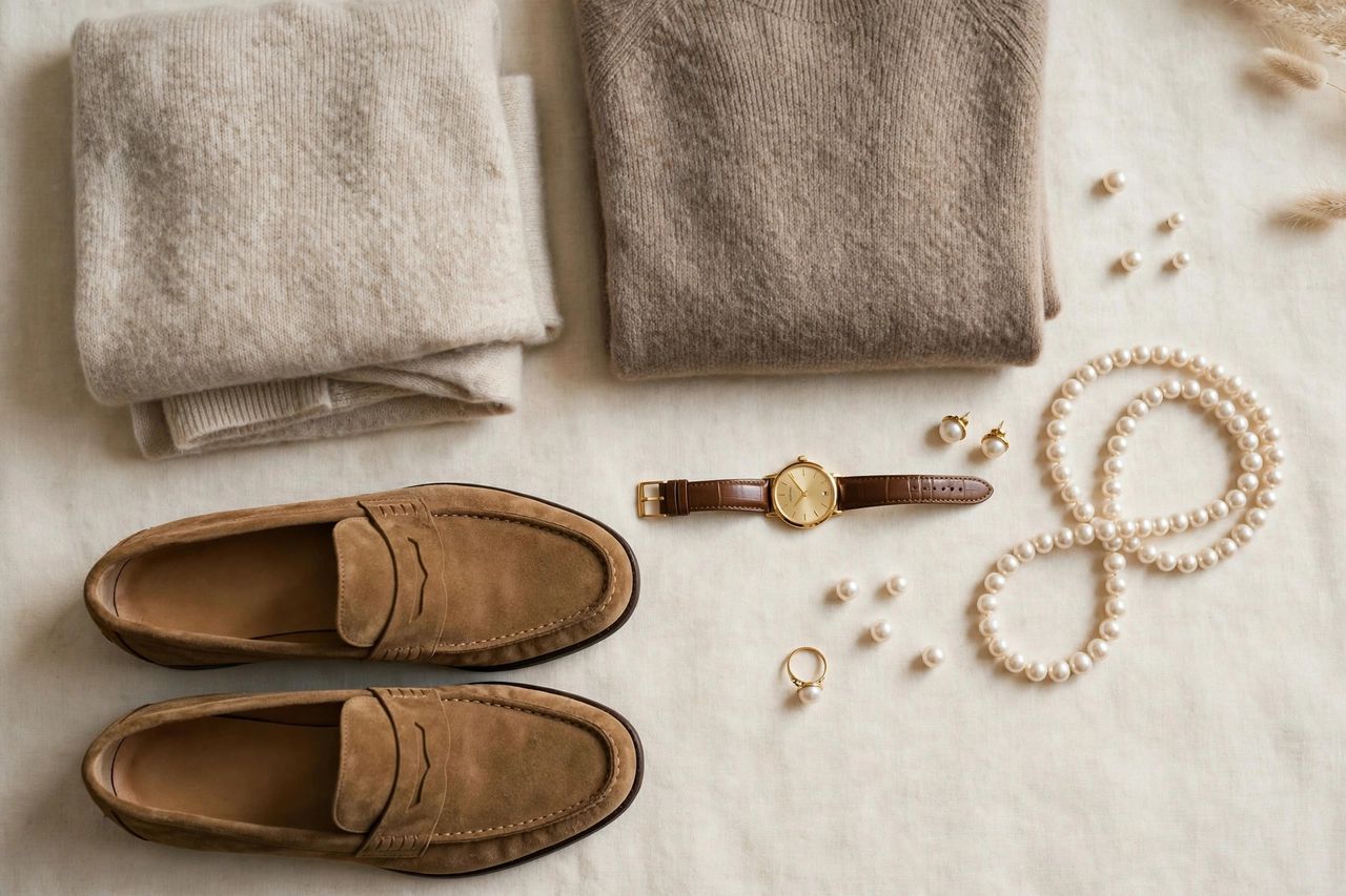 Flat lay of timeless wardrobe staples in neutral tones