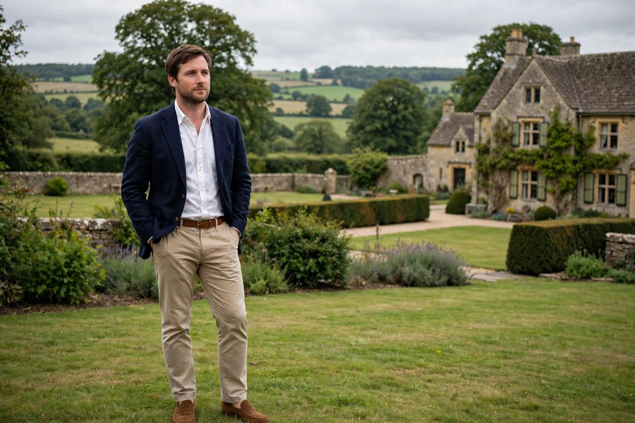 Man in a navy blazer and chinos at a countryside estate