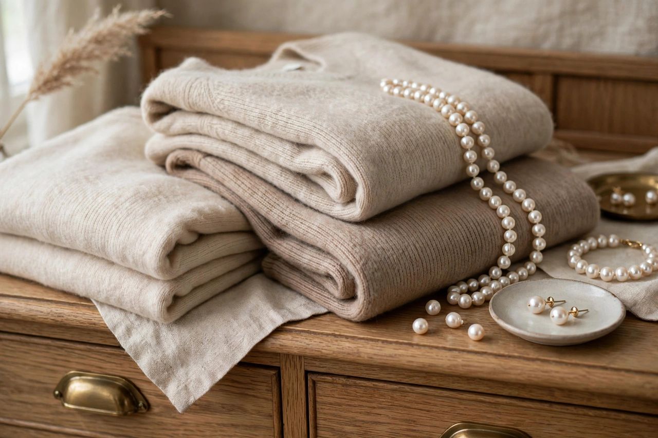 Close-up of cashmere sweater and pearl accessories