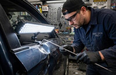 A technician performing paintless dent repair with specialized tools