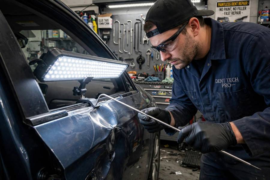 A technician performing paintless dent repair with specialized tools