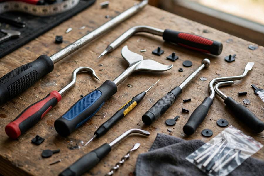 Paintless dent repair tools laid out on a workbench