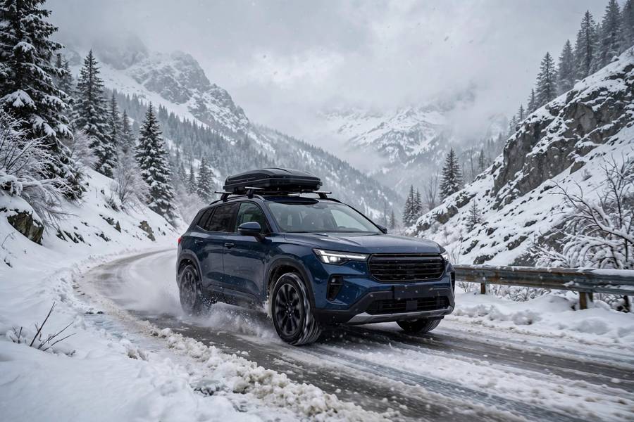 SUV using full time 4WD on a snowy mountain road