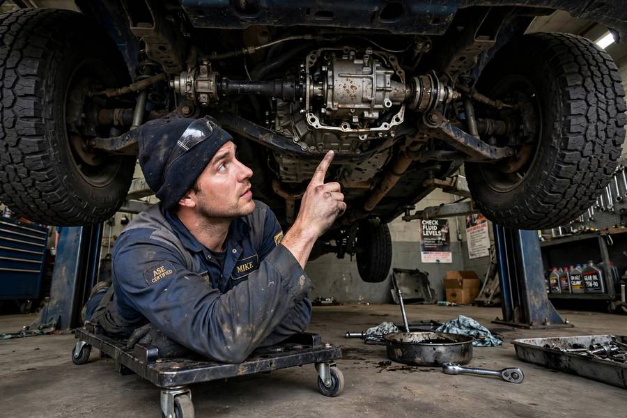 Mechanic pointing at a transfer case explaining part time 4WD vs full time 4WD