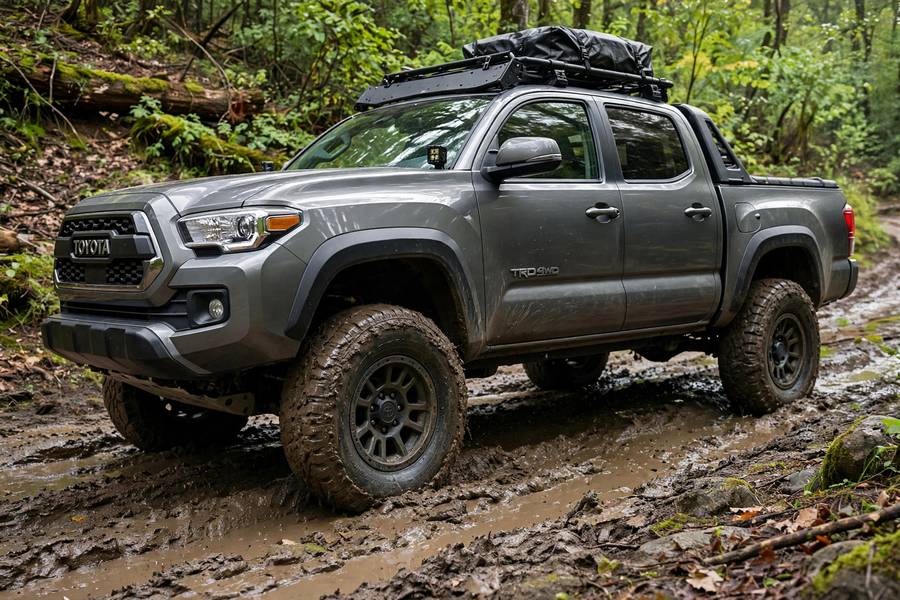 4WD truck with all wheels engaged on a muddy off-road trail