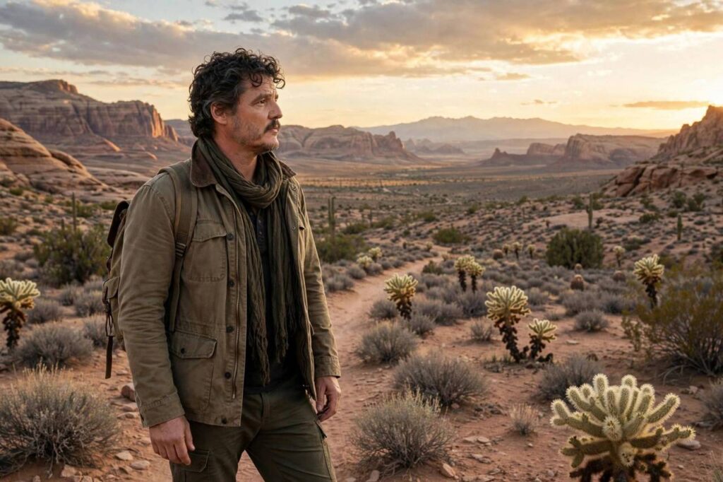 Cinematic portrait-style scene evoking a rugged television hero character in desert light