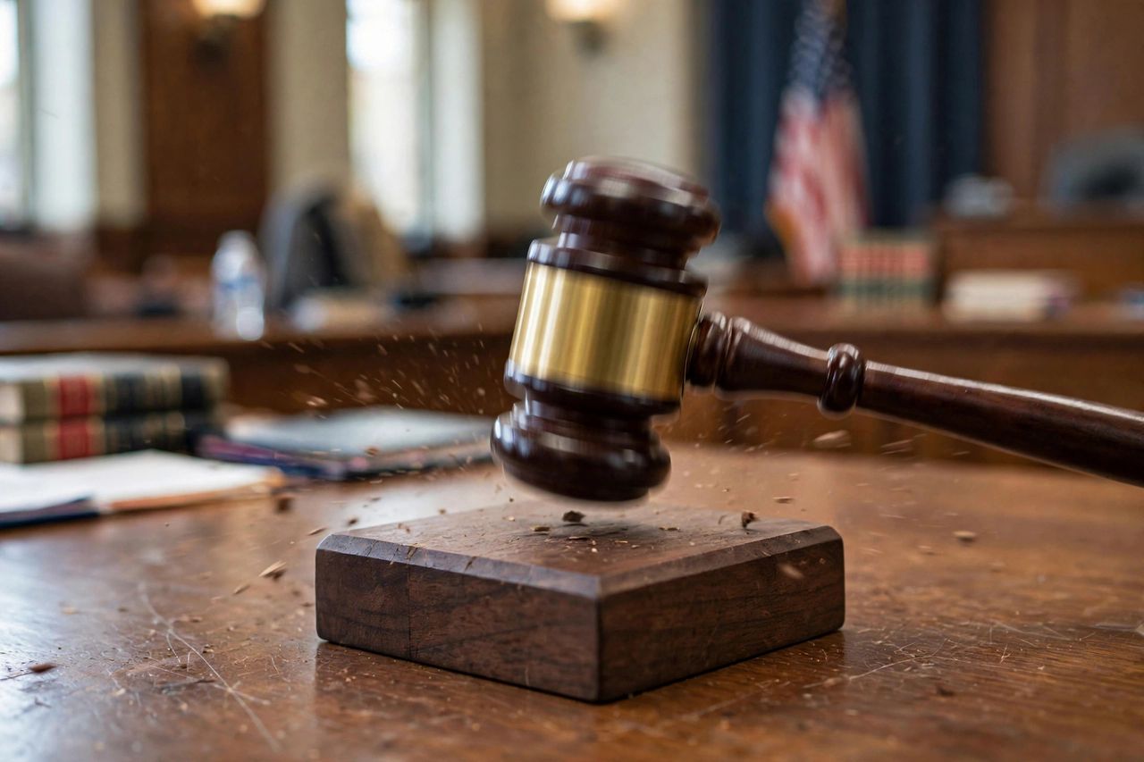 Judge's gavel striking a sound block during a trial