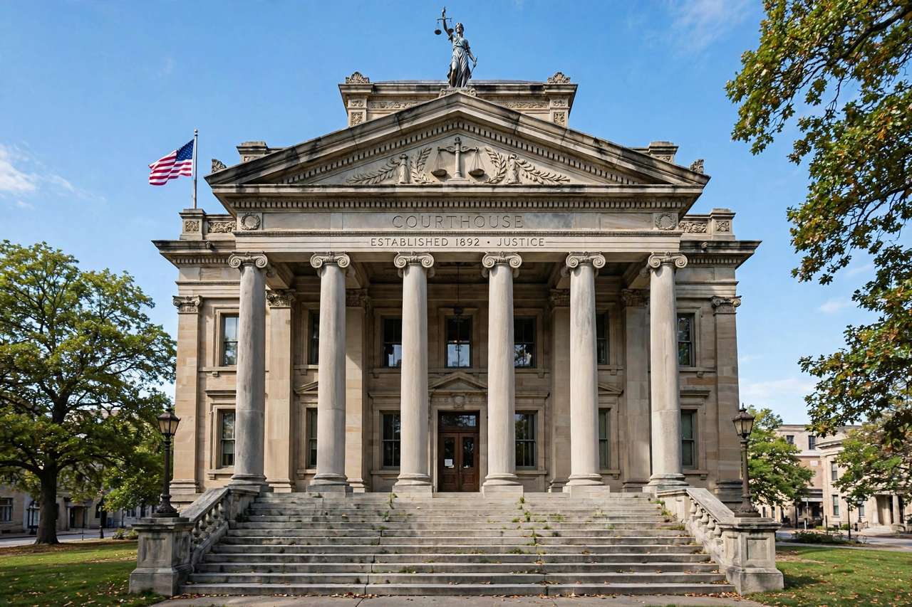 Historic courthouse columns representing the justice system