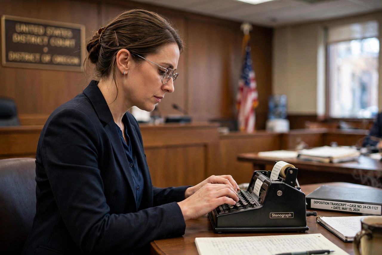 Scales of justice on a judge's bench in a courtroom