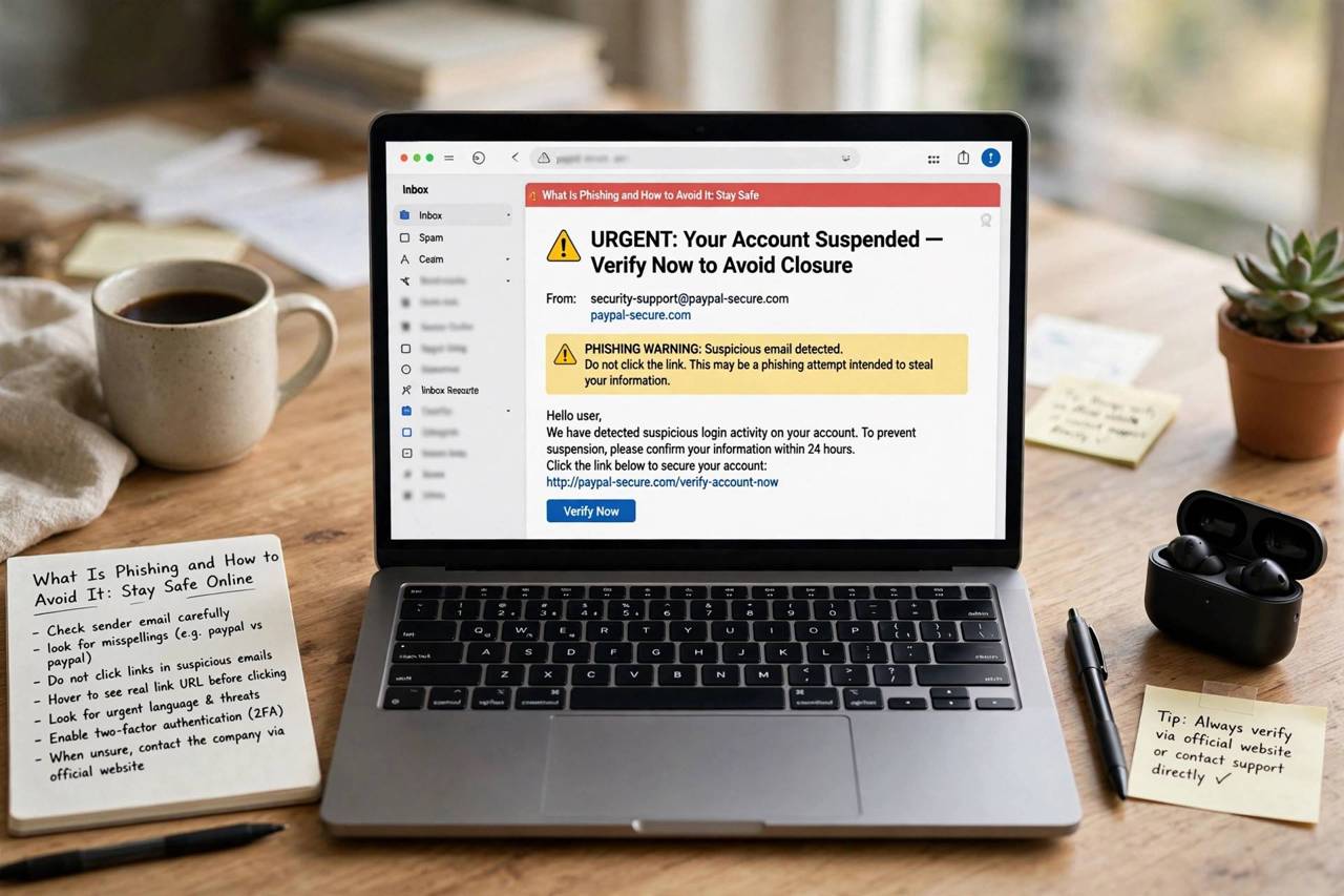 Laptop showing a suspicious email with a warning icon