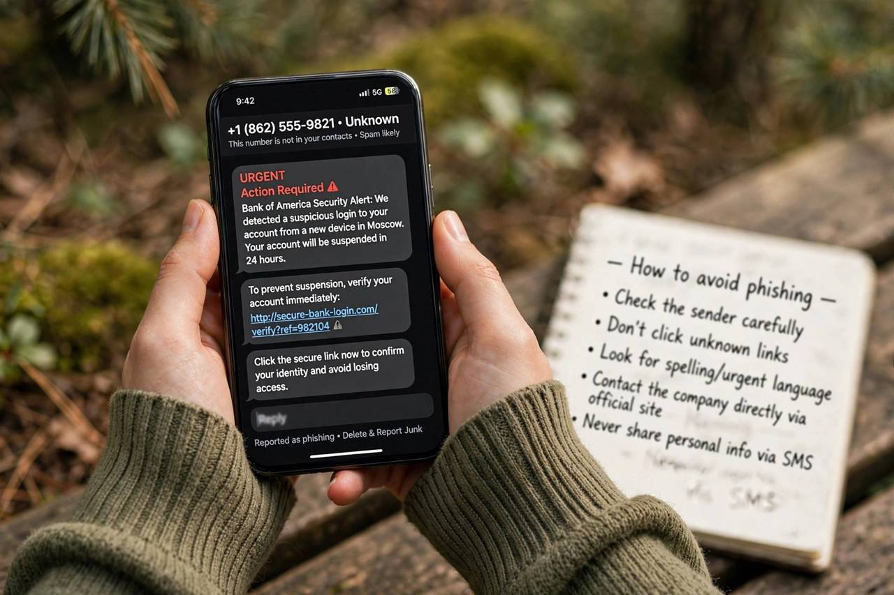 Close-up of hands holding a smartphone showing a scam text message