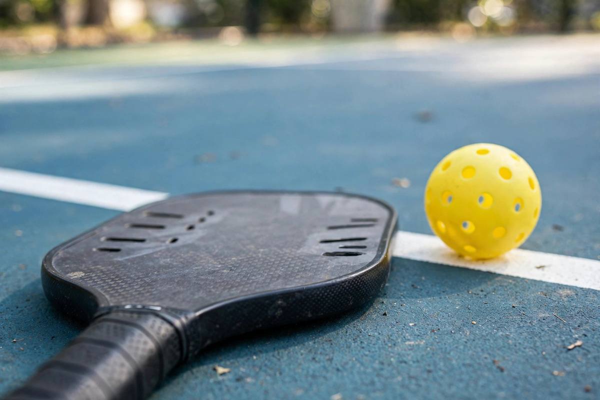 Close-up of a pickleball paddle and perforated ball resting on a court near the kitchen line