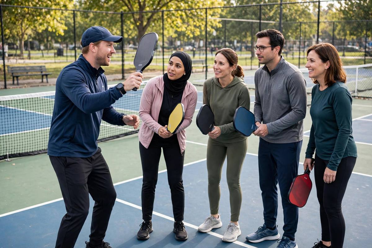 Group of beginner players learning pickleball basics with an instructor at a community court