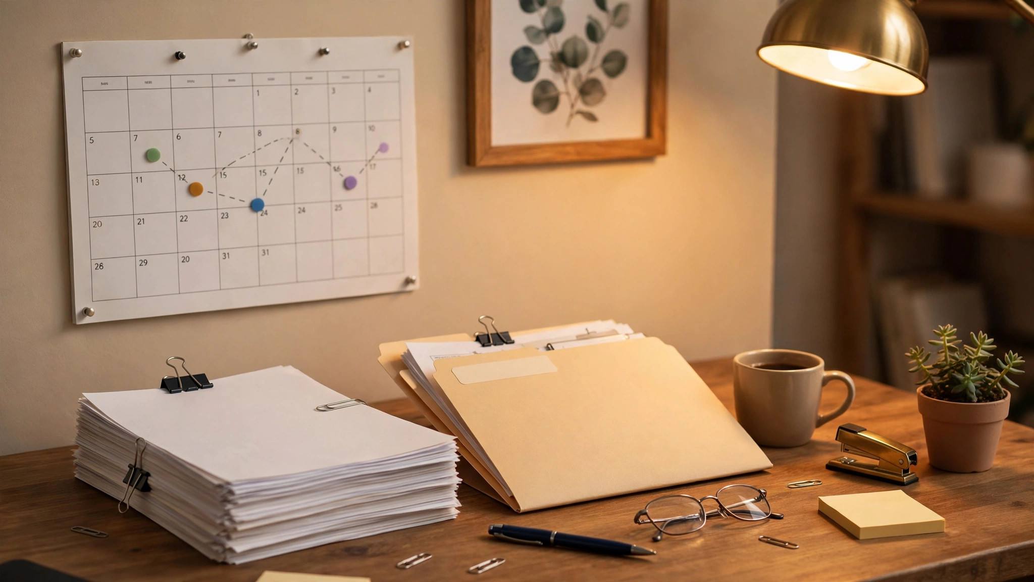 Organized desk with estate planning documents, a will folder, and a calendar showing probate timeline phases