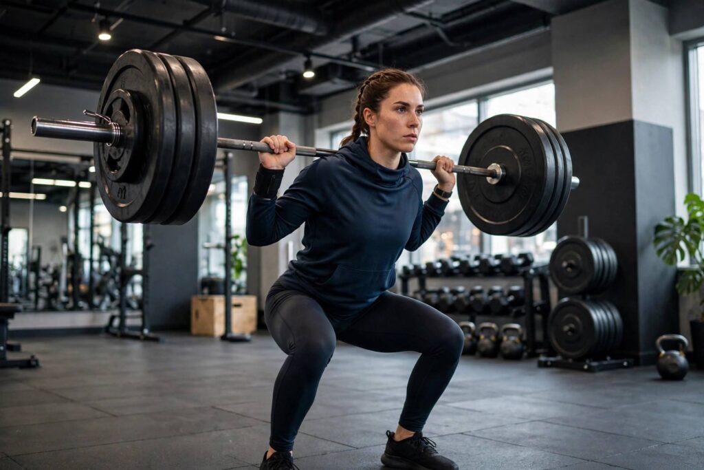 Strong athlete performing progressive overload barbell squats in a modern gym