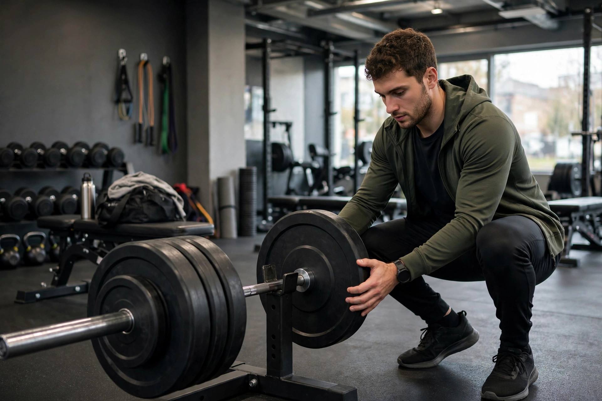 Athlete adding weight plates to a barbell in a gym for progressive overload training