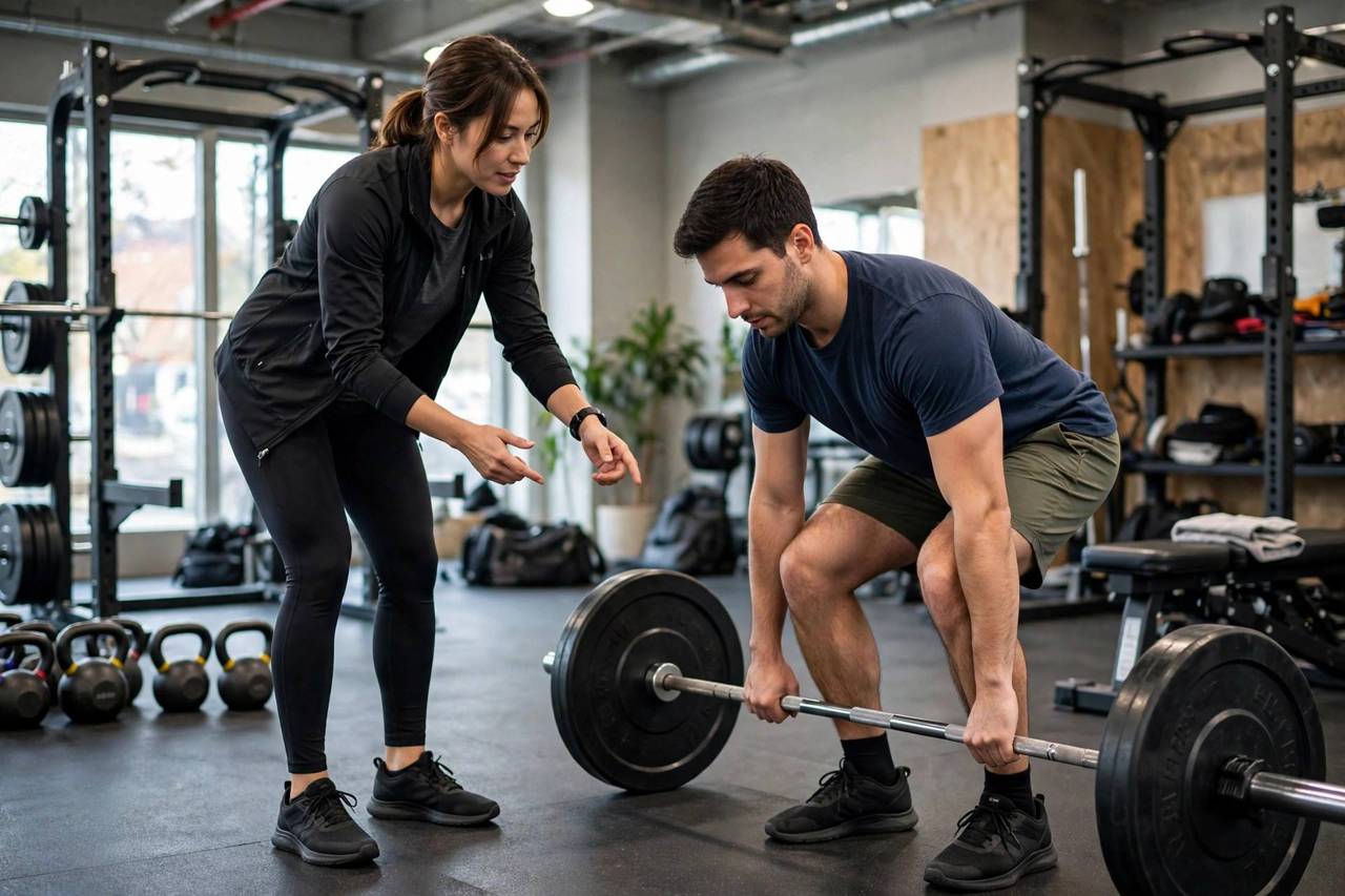 Personal trainer coaching a client through proper deadlift form in a gym