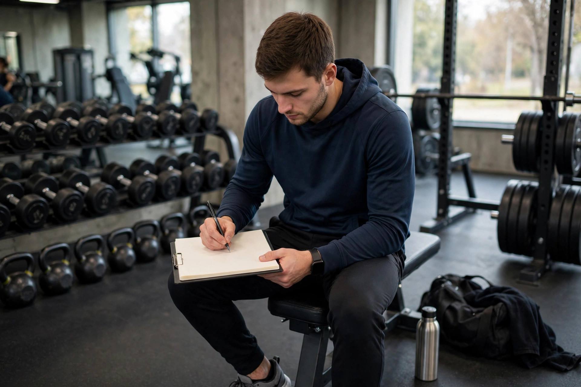 Athlete logging workout weights and reps in a training journal at the gym