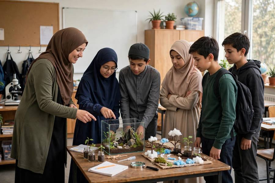 A teacher guiding students presenting their science project to classmates