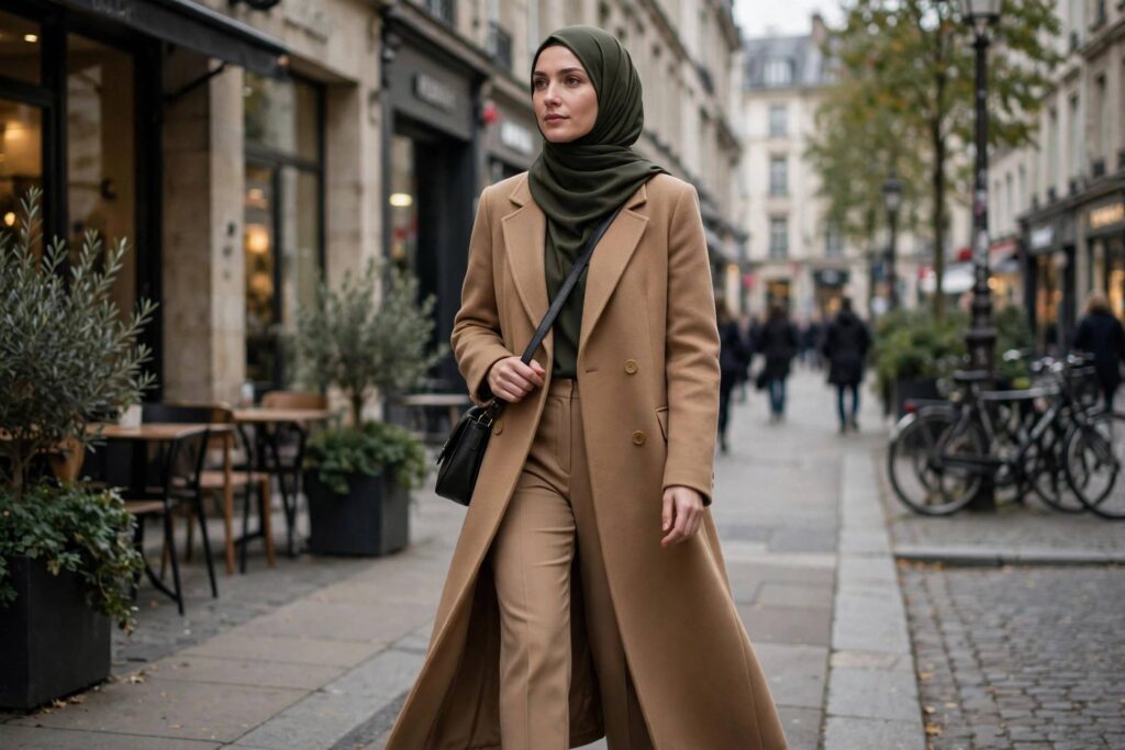 Woman in an elegant camel coat and tailored trousers walking through a city street, full modest coverage