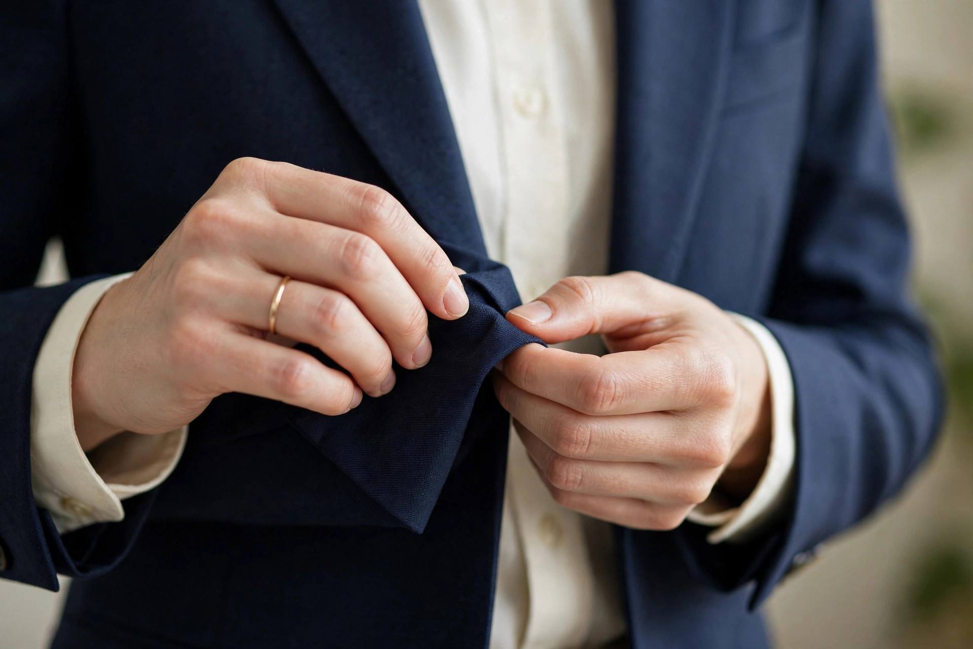 Close-up of hands adjusting the cuff of a tailored navy blazer over a crisp cream shirt, modest professional styling