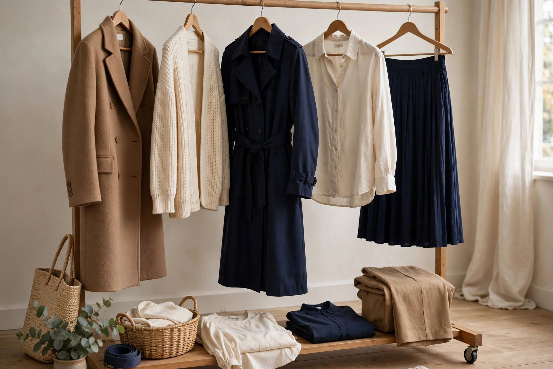 Curated wardrobe rail with neutral-toned timeless pieces in camel, navy, and cream, modest full-coverage garments