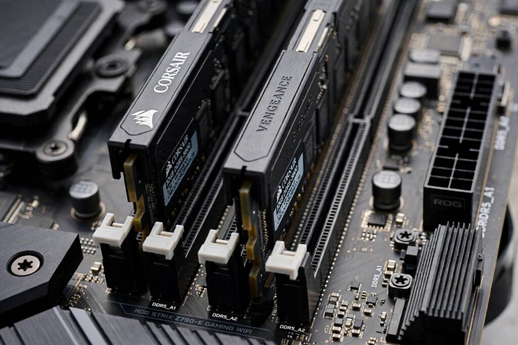 Close-up of RAM memory sticks installed on a computer motherboard