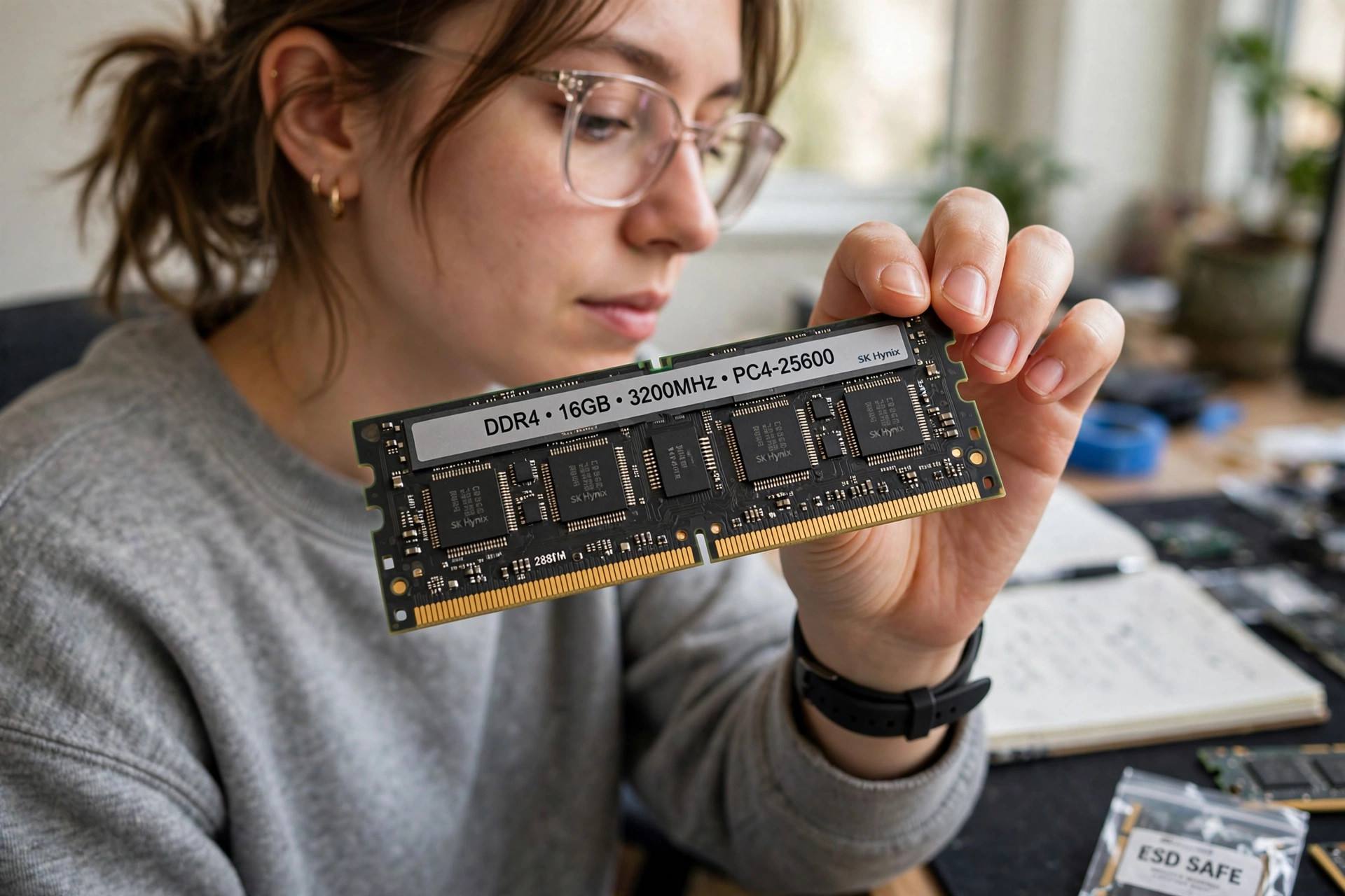 Close-up of RAM memory sticks installed on a computer motherboard