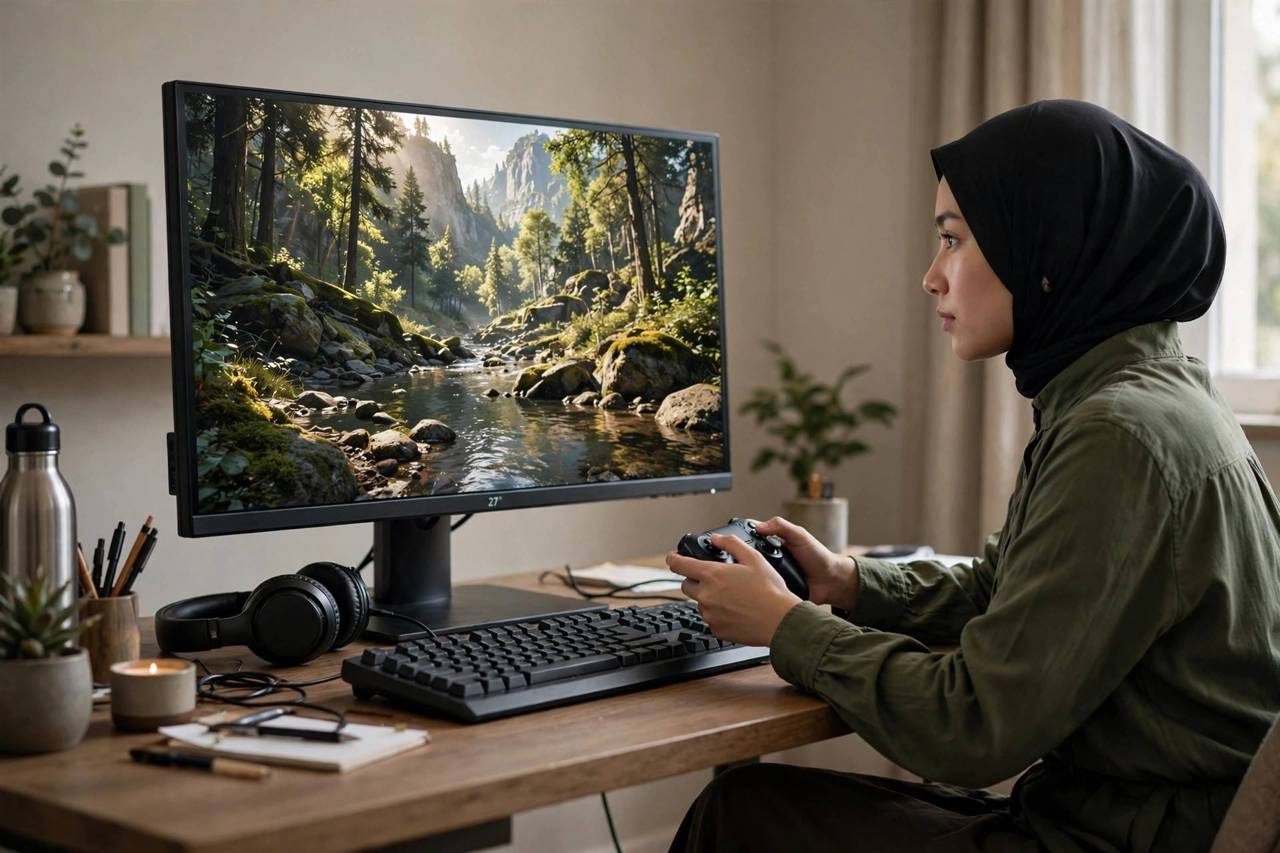Gamer playing at a desk with a monitor showing a realistic ray-traced game environment