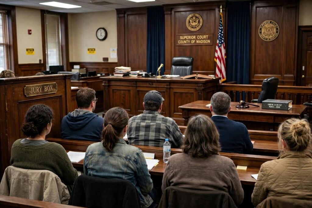 Jury box in a courtroom during a criminal trial