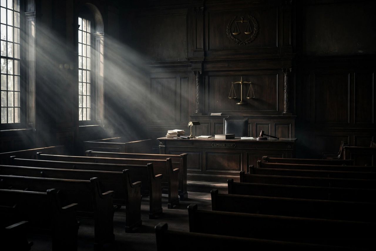 Silhouette of a courtroom with dramatic lighting