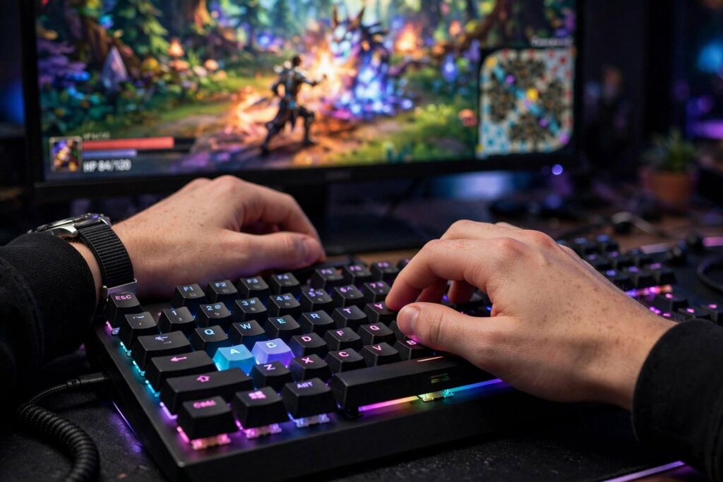 Close-up of hands on a mechanical gaming keyboard with a colorful game on the monitor