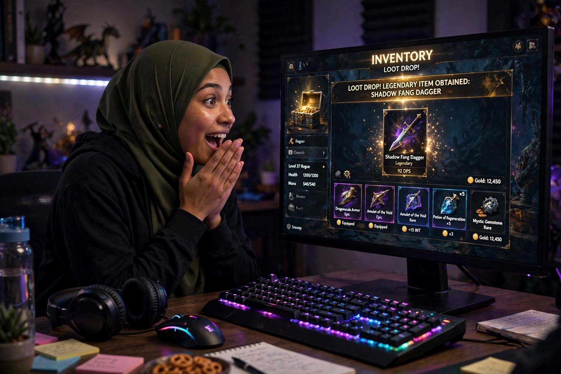 Gamer at a desk with RGB keyboard reacting to a loot drop on screen, game inventory showing rare items
