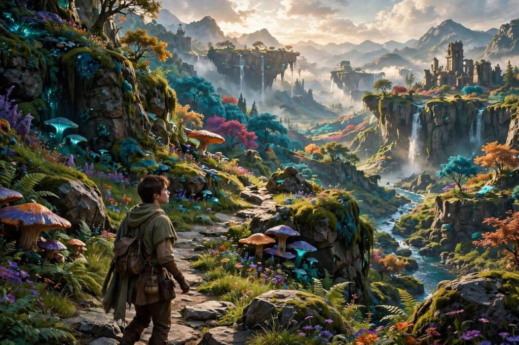 Colorful fantasy RPG video game world with a hero character exploring a vibrant landscape