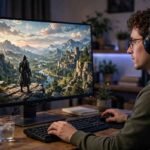 What Is RPG in Gaming? Your Guide to Role-Playing Games Gamer playing an epic fantasy RPG on a large monitor showing a character in a detailed open world