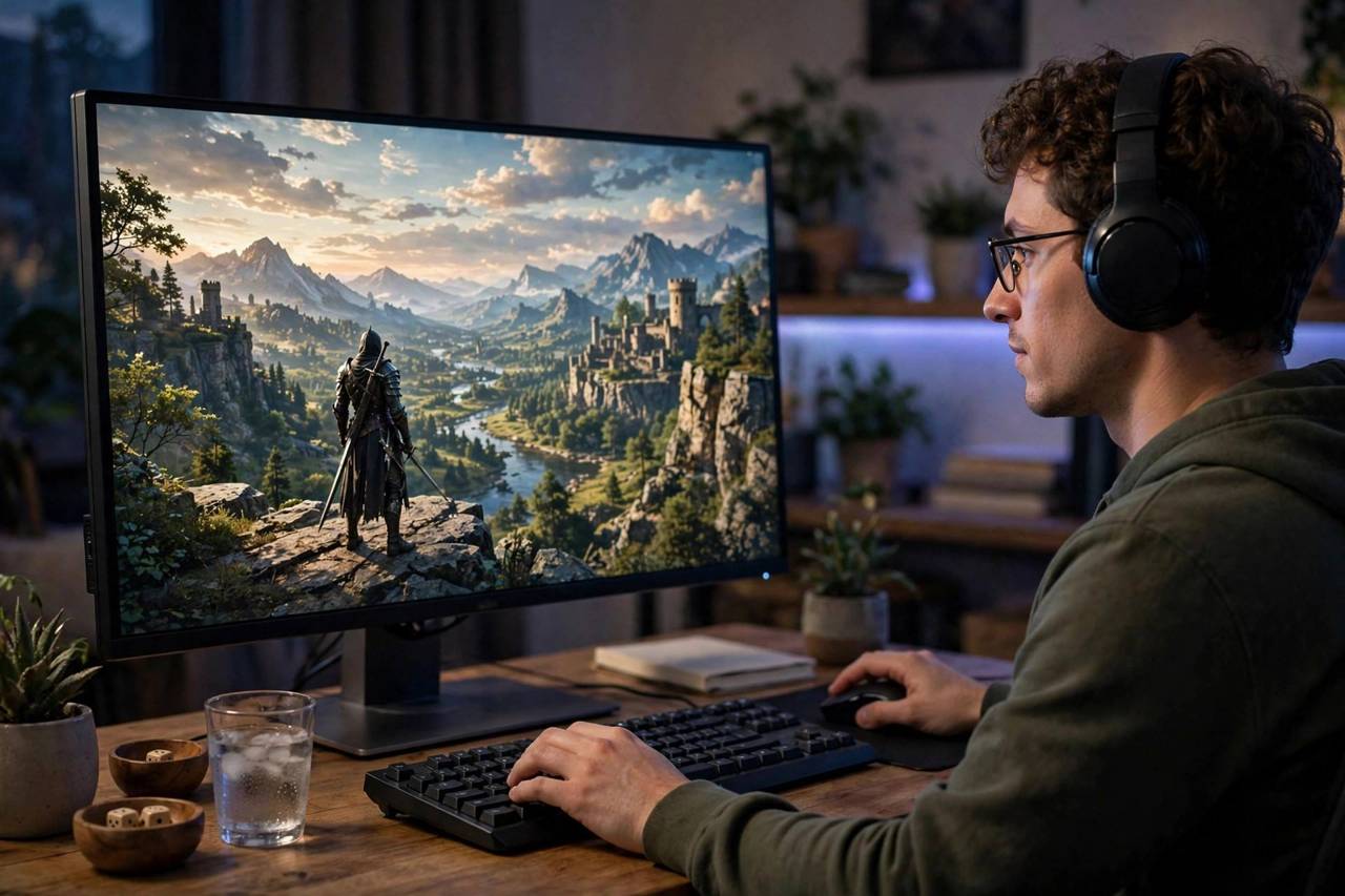 Gamer playing an epic fantasy RPG on a large monitor showing a character in a detailed open world