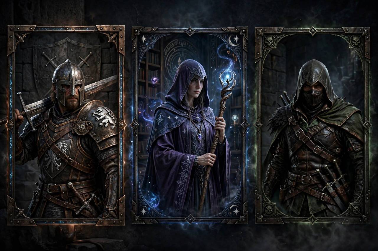 Close-up of RPG character creation screen showing class selection with warrior, mage, and rogue options