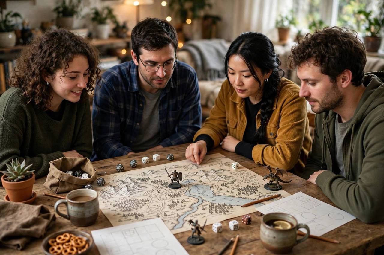 Friends playing a tabletop RPG together with dice, character sheets, and maps on a table