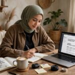 New blogger writing at a desk with laptop, notebook and coffee in a cozy home office