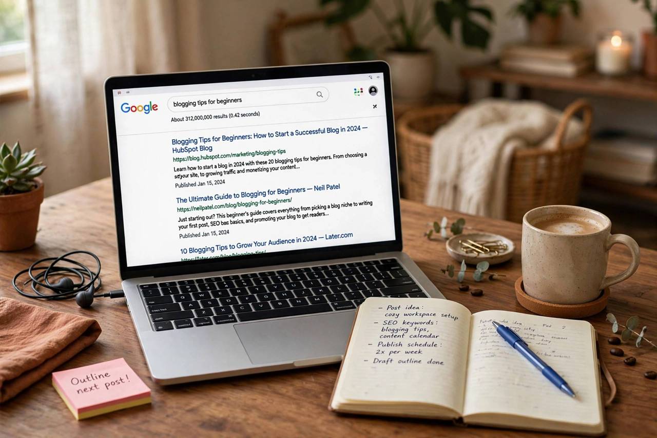 Blogger's laptop screen showing a Google search results page with a notebook and coffee beside it