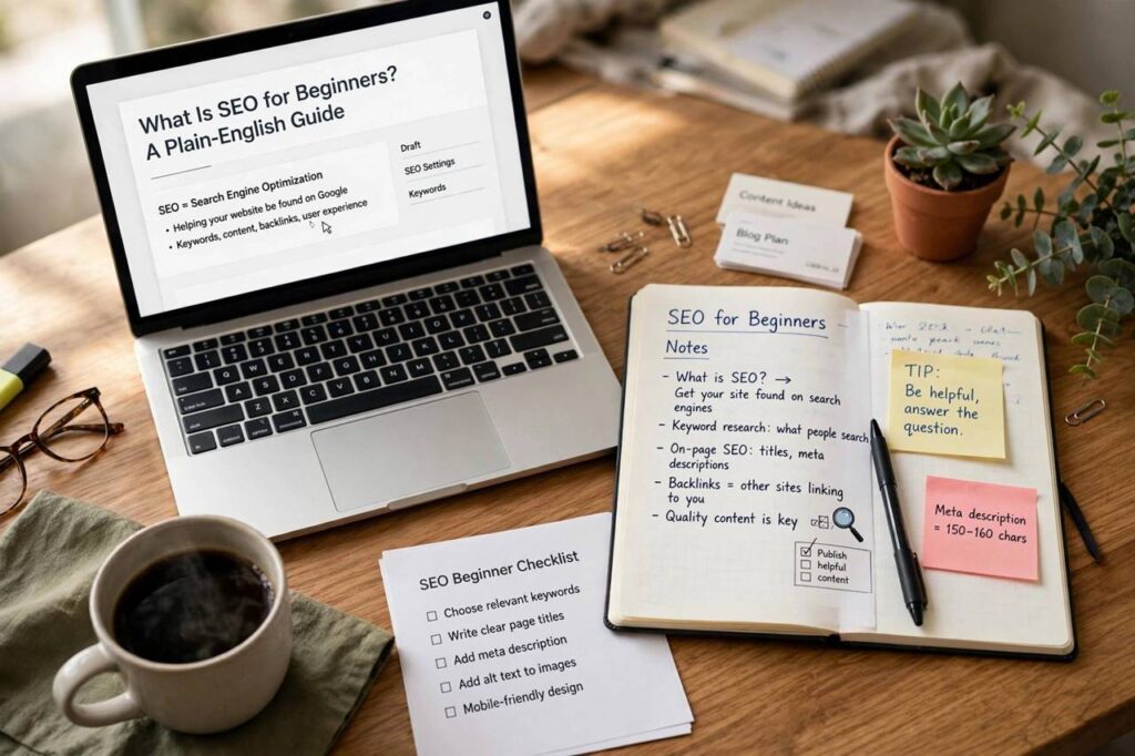 Beginner guide to SEO basics with laptop and notebook on a desk