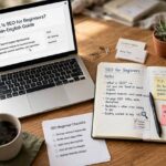 What Is SEO for Beginners? A Plain-English Guide Beginner guide to SEO basics with laptop and notebook on a desk